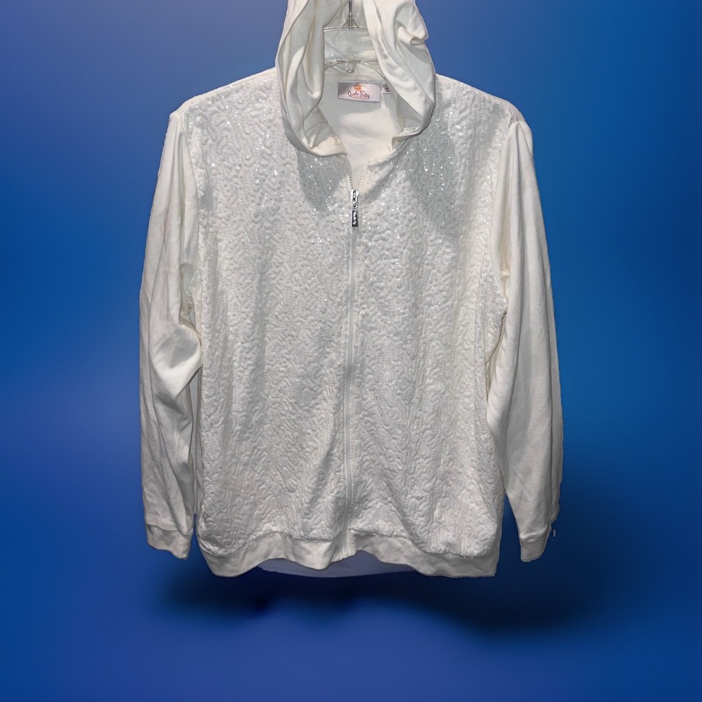 Quacker Factory Full Zip Front Sequin Ivory Hoodie GrandmaCore Large New
